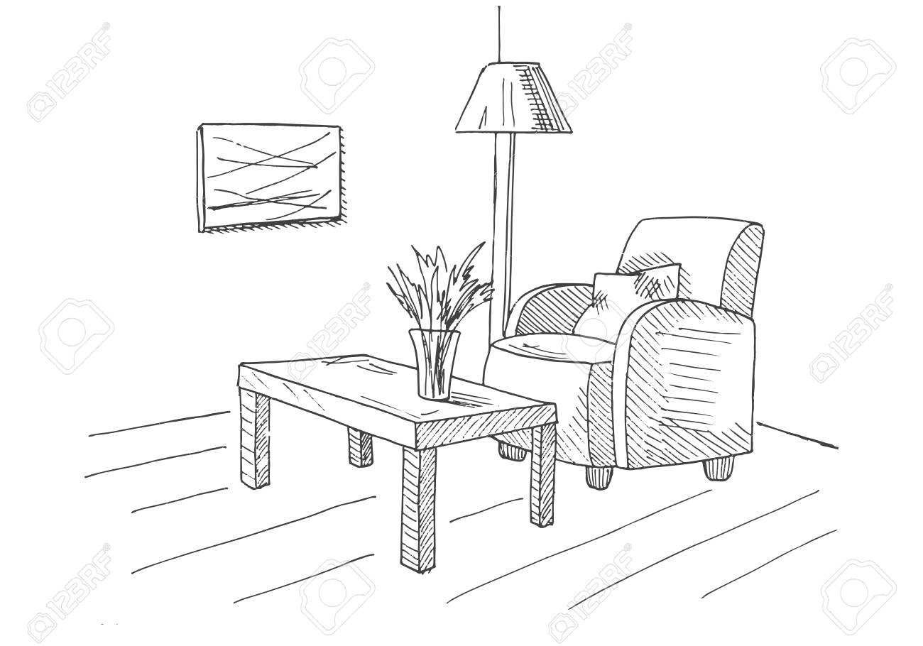 Armchair Table With A Vase Floor Lamp Hand Drawn Vector