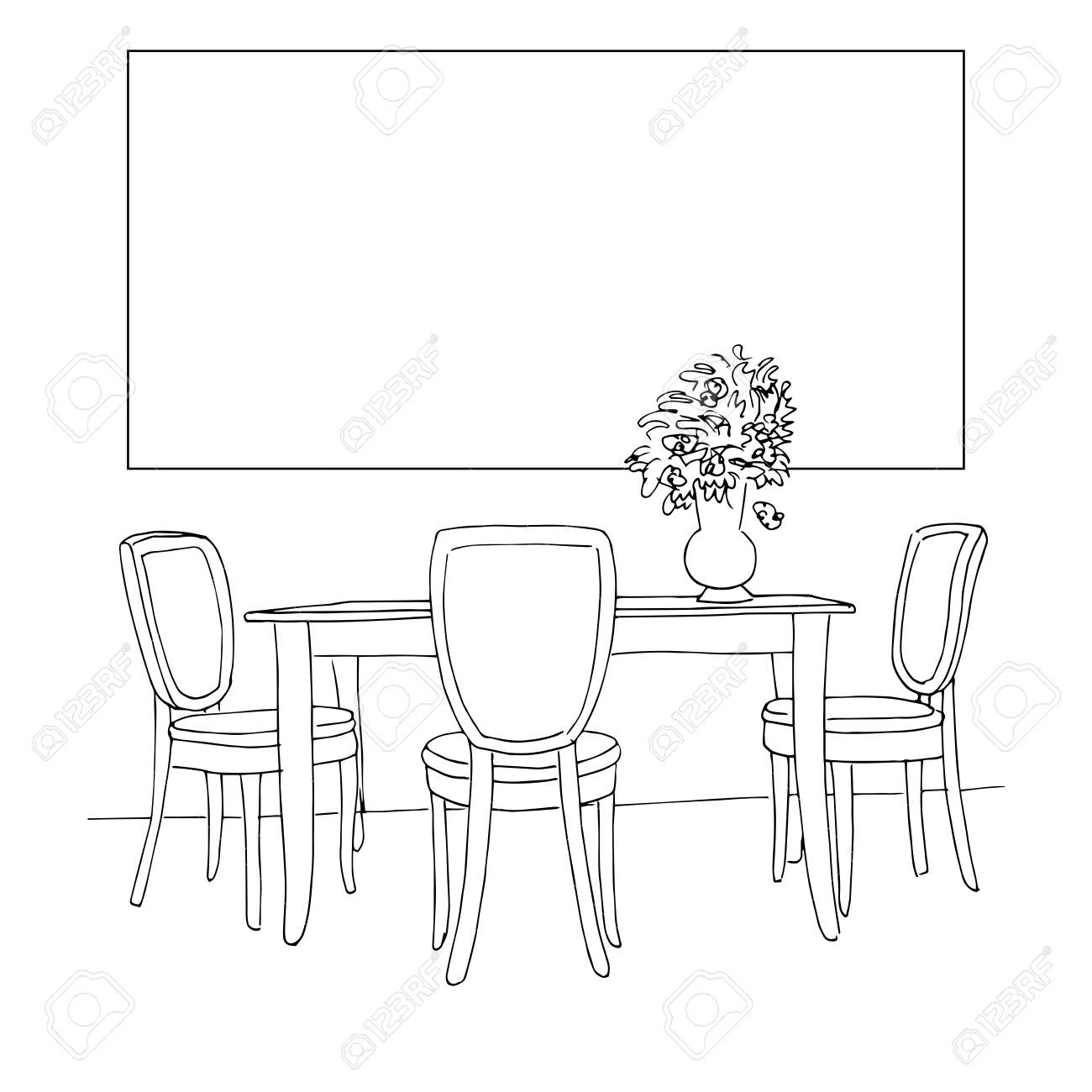 Teil Des Esszimmers. Tisch Und Stühle. Auf Dem Tisch Vase Hand Gezeichnete Skizze. Esszimmerinnenraum. Tisch Und