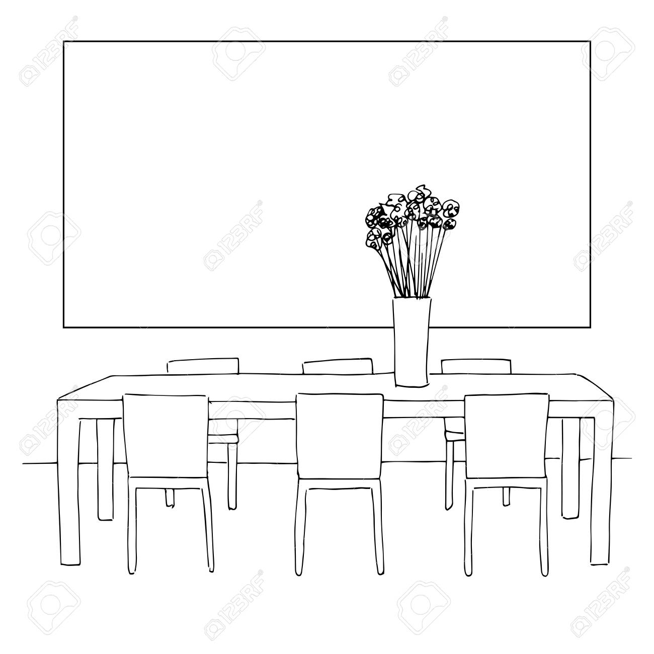 Teil Des Esszimmers. Tisch Und Stühle. Auf Dem Tisch Vase Hand Gezeichnete Skizze. Esszimmerinnenraum. Tisch Und
