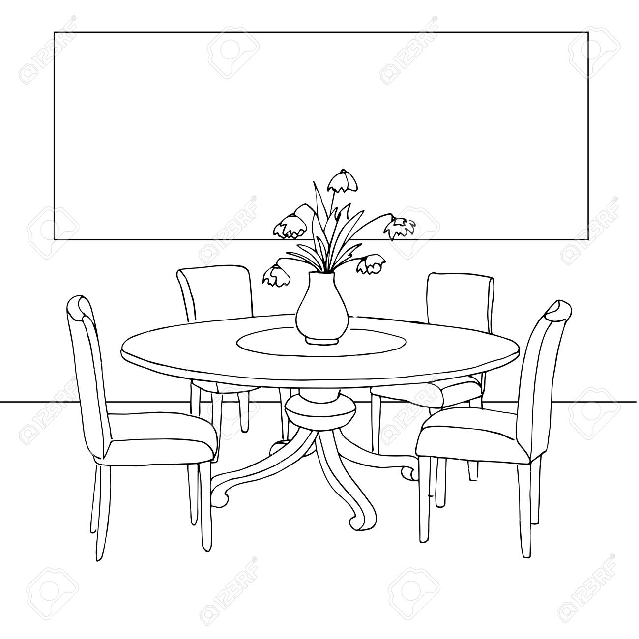 Teil Des Esszimmers. Tisch Und Stühle. Auf Dem Tisch Vase Hand Gezeichnete Skizze. Esszimmerinnenraum. Tisch Und