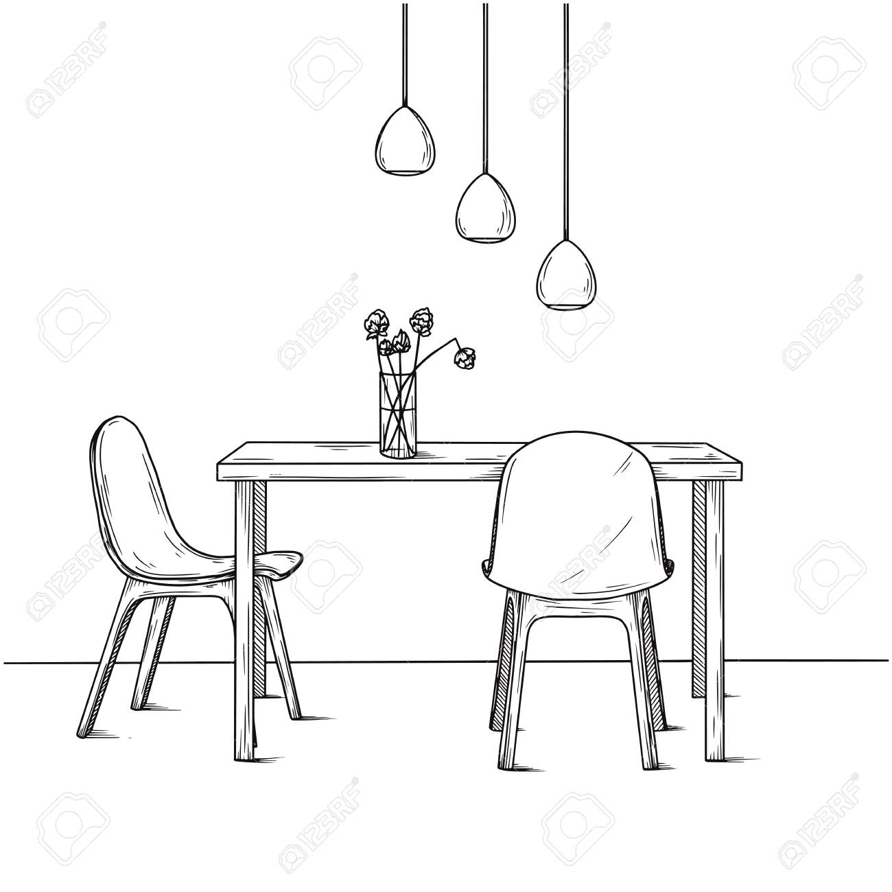 Part Of The Dining Room. On The Table Vase Of Flowers. Lamps Hang Over The  Table. Hand Drawn Sketch.Vector Illustration. Royalty Free SVG, Cliparts,  Vectors, and Stock Illustration. Image 123164061., image size:1300x1300