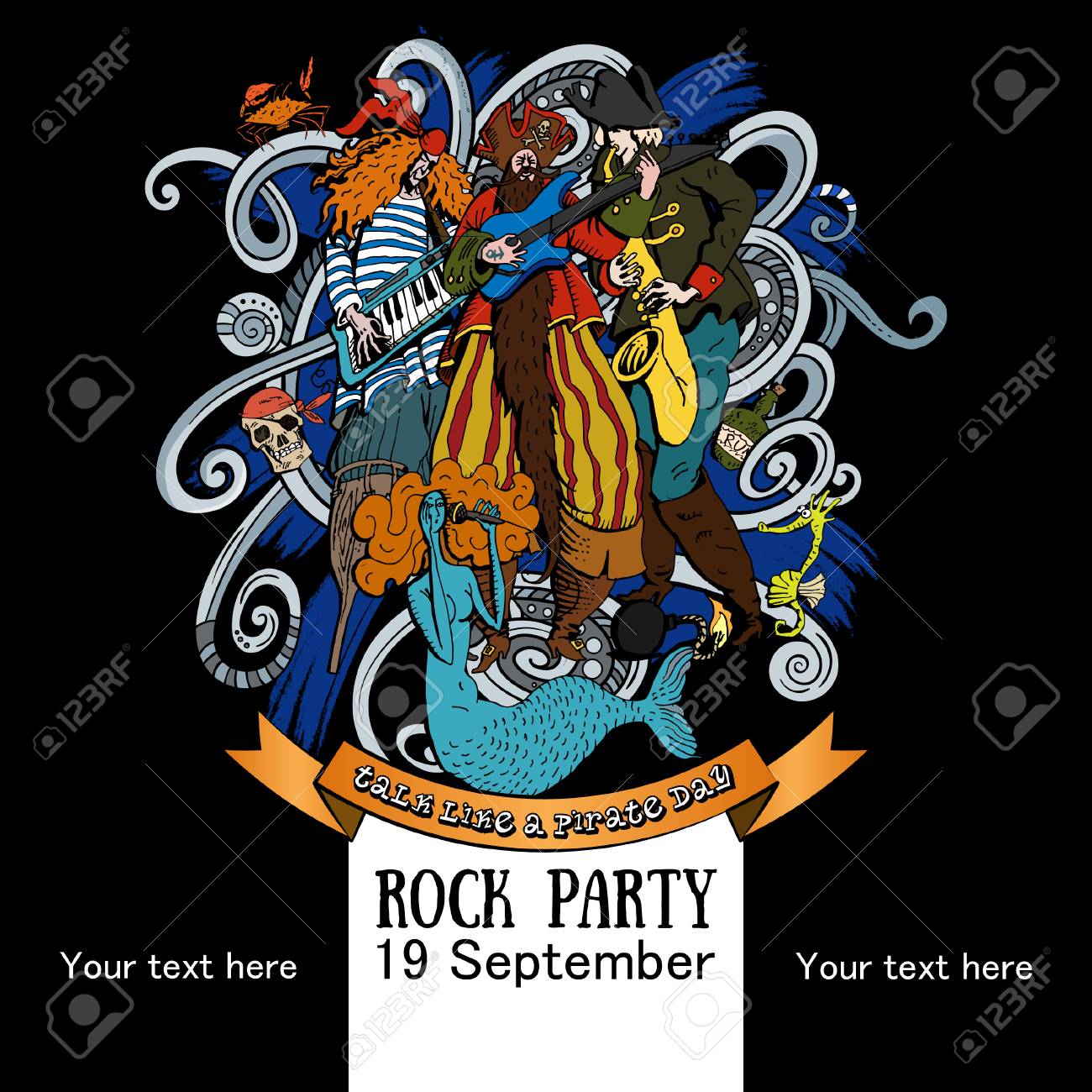 黒い背景に海賊日のような話の休日のためのロック パーティーのポスターのベクトル イラスト デザイン のイラスト素材 ベクタ Image