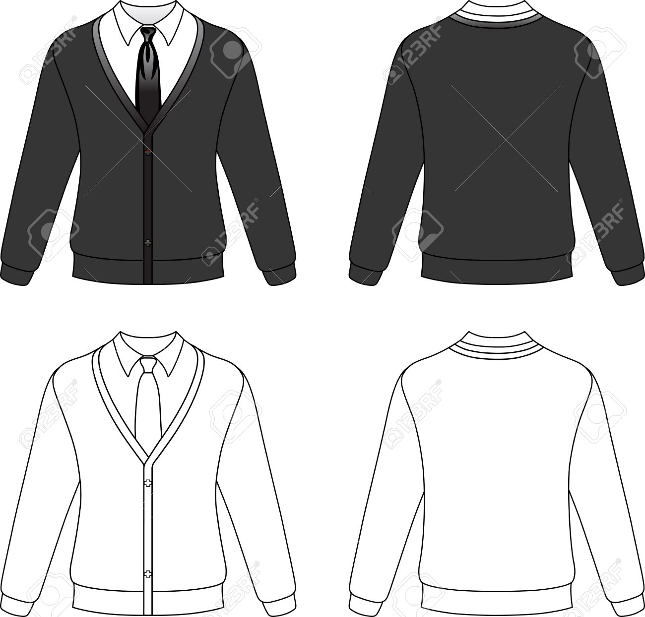 template outline illustration of a blank cardigan with necktie