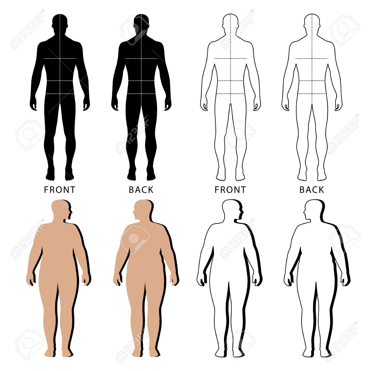 Full Length Front And Back View Of A Fat Standing Woman And Man Outlined  Silhouette With Marked Body Sizes Lines, Isolated On White Background.  Vector Illustration. You Can Use This Image For, image size:1300x1300
