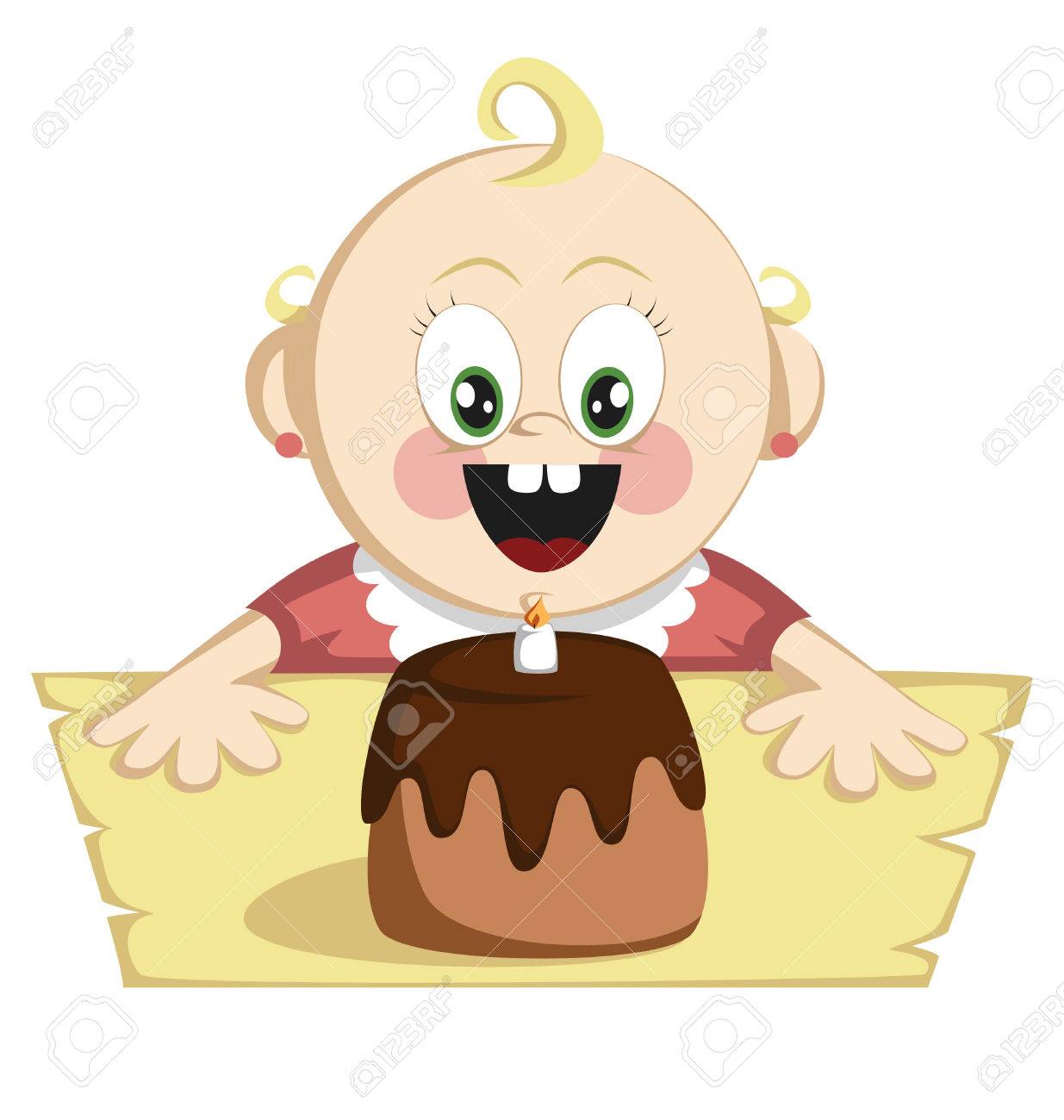 少女の誕生日サプライズ かわいい赤ちゃん女の子が大きな誕生日ケーキに到達しよう のイラスト素材 ベクタ Image