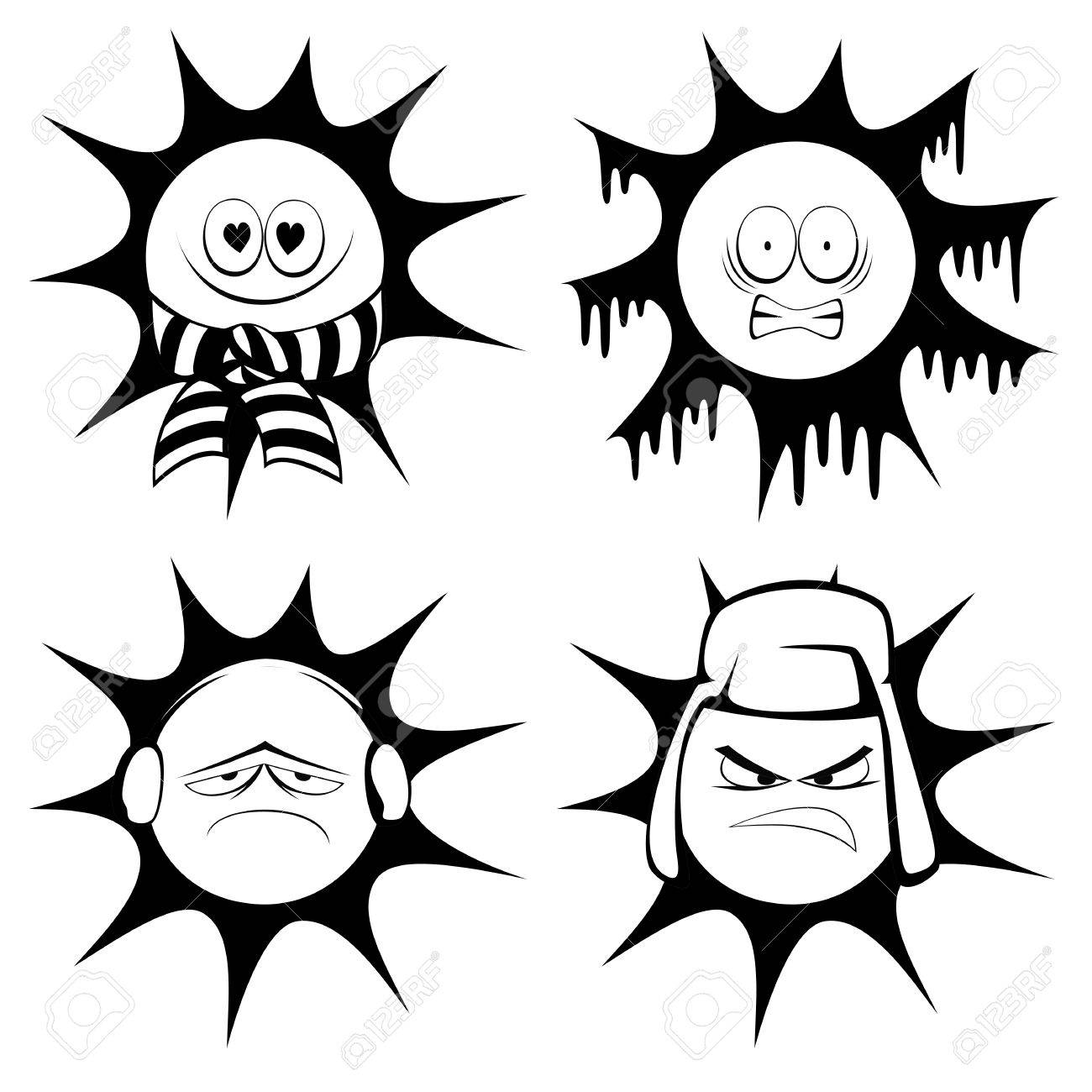 冬の太陽のマスコット 異なる外観で 4 つの黒と白 かわいい太陽文字アイコン 絵文字 のコレクションのイラスト素材 ベクタ Image