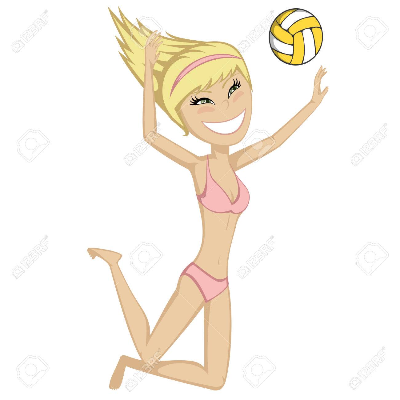 ピンクのビキニの金髪少女バレーボール スポーティな女の子再生ビーチ バレーボール夏イラスト のイラスト素材 ベクタ Image