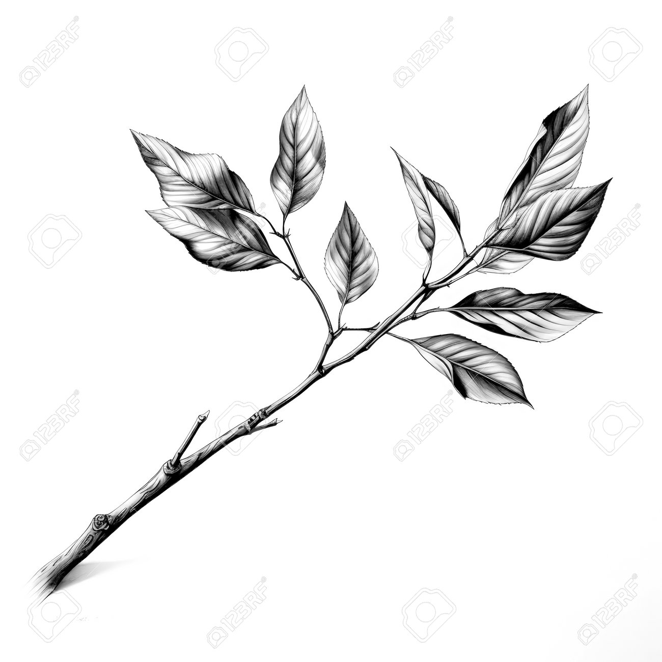Black And White Illustration Of Decorative Tree Branch With Leaves. In  Sketch, Ink Style. Made With Generative AI Stock Photo, Picture and Royalty  Free Image. Image 212624201., image size:1300x1300