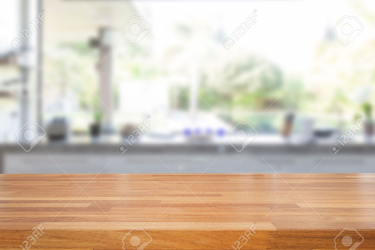 Empty Wooden Table And Blurred Kitchen Background Product Montage