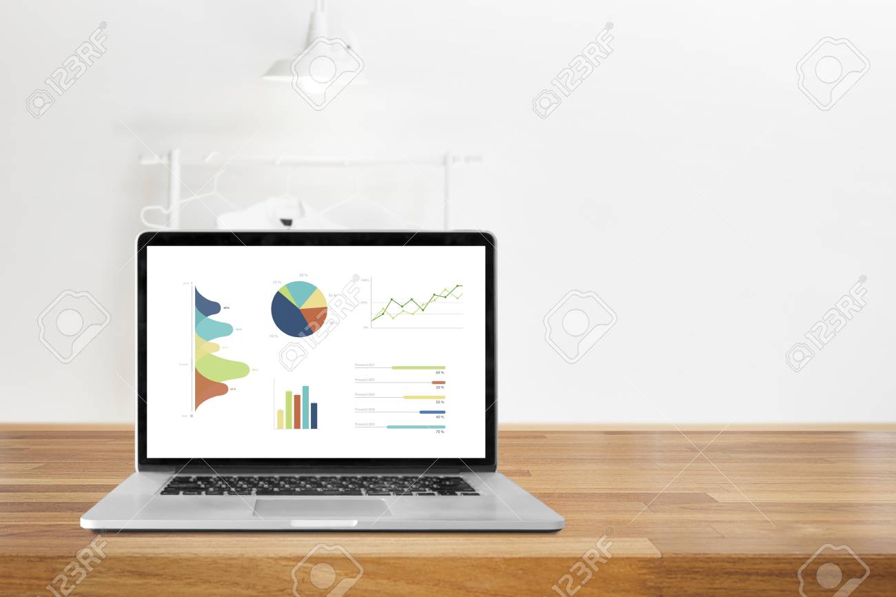 laptop on wooden table showing charts and graph against modern laptop charts