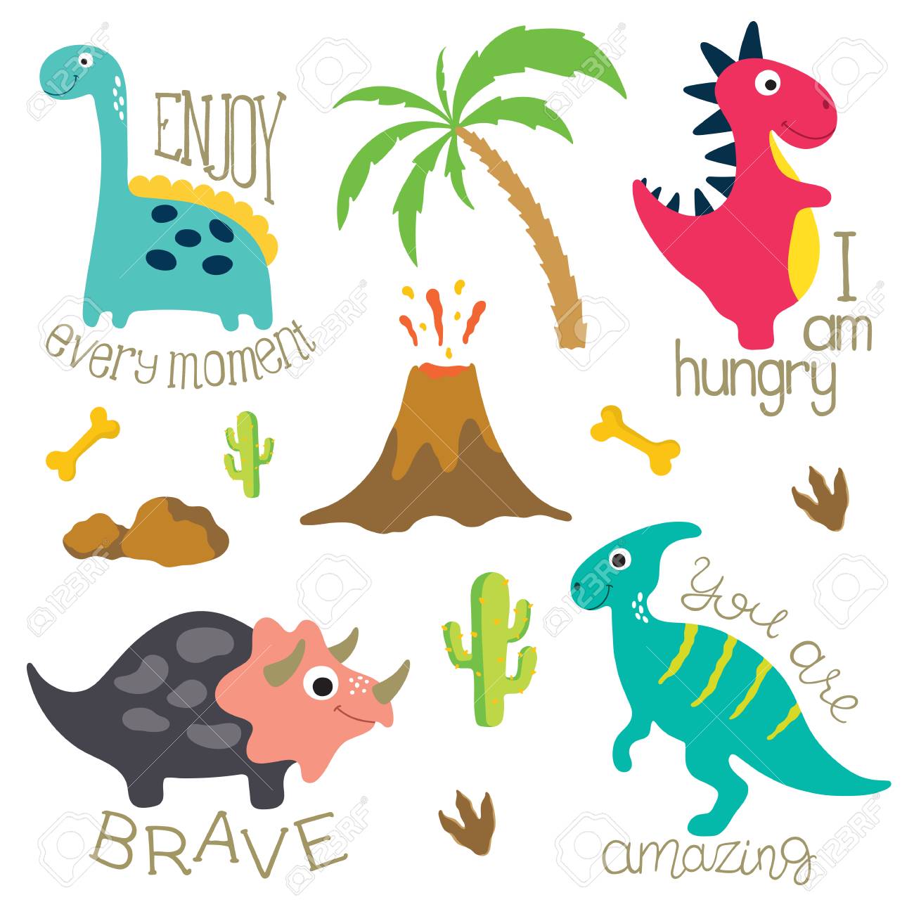 Cute Dino Illustrations Set On White Background Royalty Free Cliparts Vectors And Stock Illustration Image
