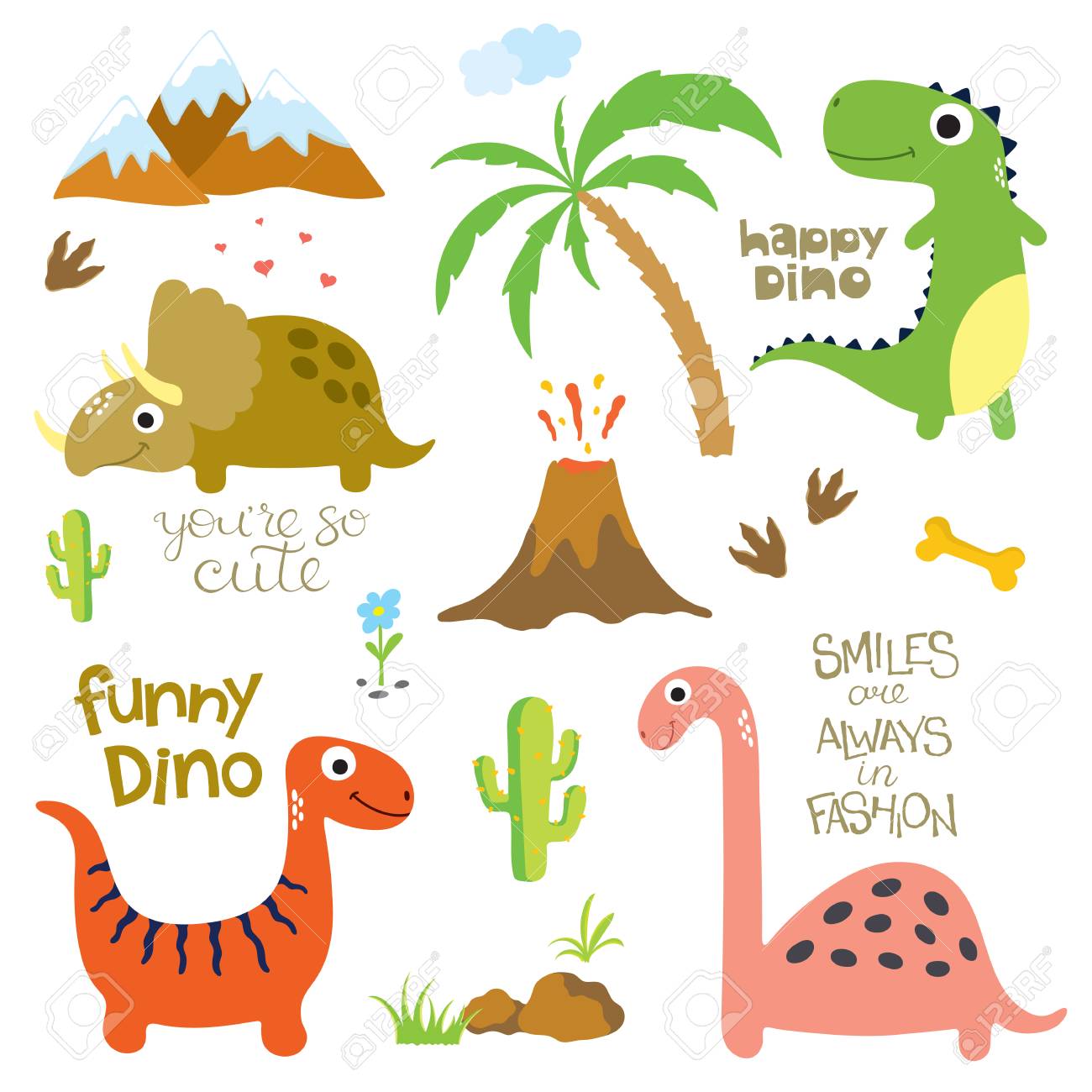 恐竜の足跡 火山 ヤシの木 石 骨 その他のデザイン要素 のイラスト素材 ベクタ Image