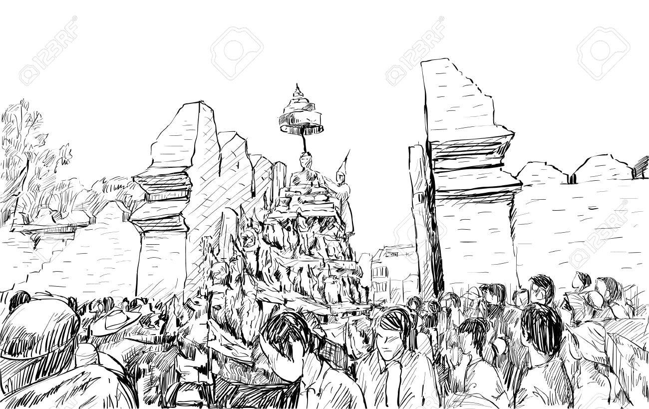 Vector sketch of cityscape in thailand show traditional parade songkran festival at old wall illustration vector
