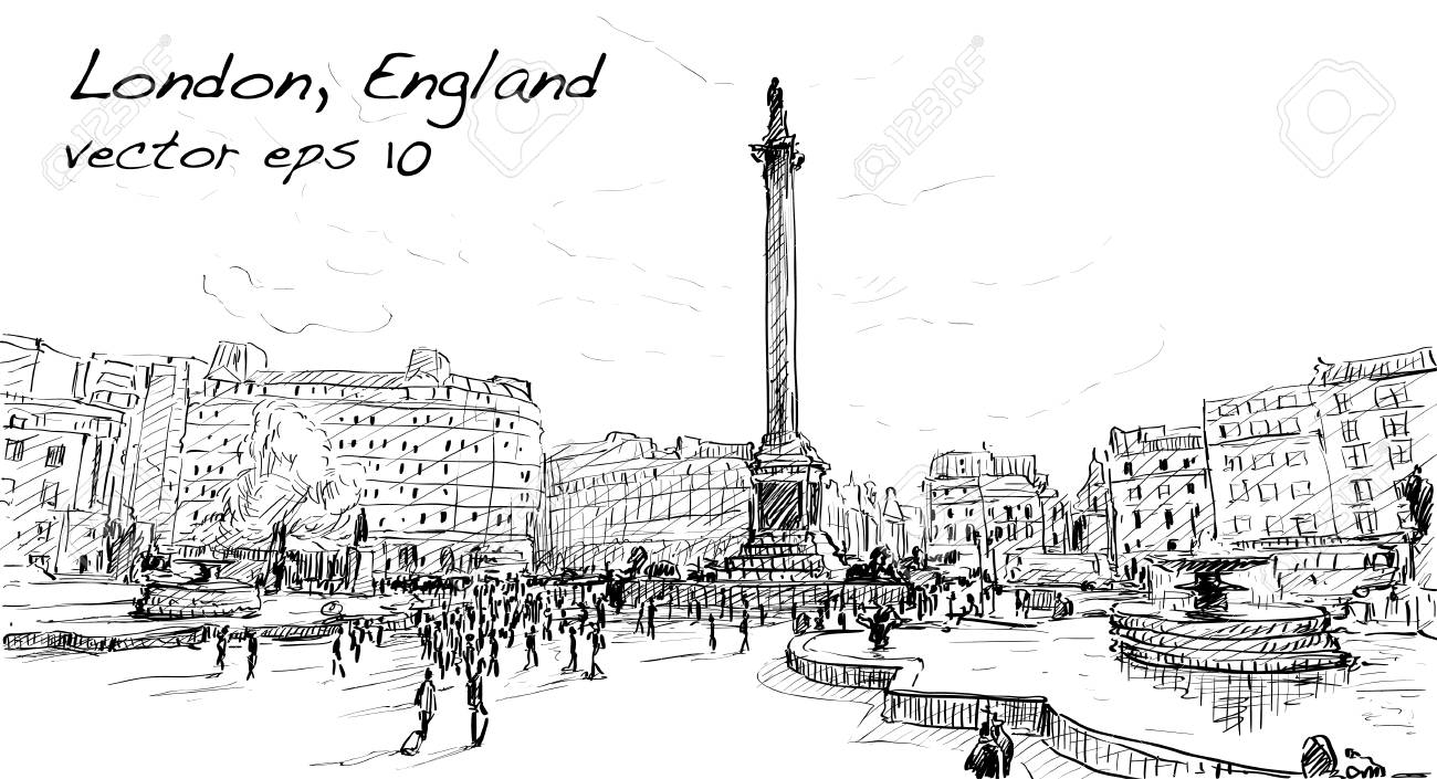 ロンドン店 Monunent 公共空間 イラストの人々 散歩城下町における都市景観をスケッチします のイラスト素材 ベクタ Image