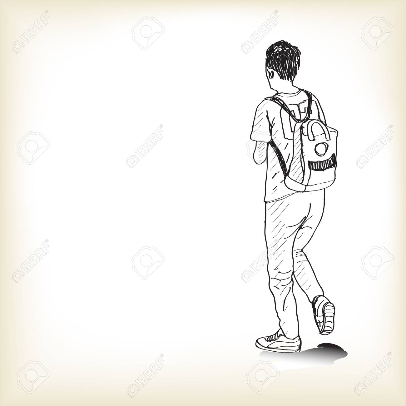 Sketch A Boy Walking With Backpack To School Free Hand Draw
