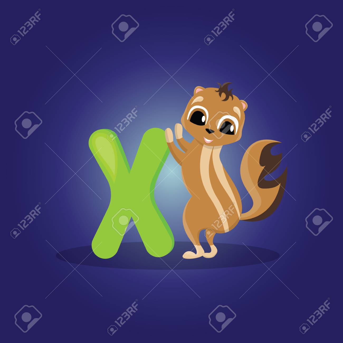 青い背景ベクトルのイラストにキセラス漫画のキャラクターのための文字xの子供のアルファベット 子供の本のためのかわいいイラスト のイラスト素材 ベクタ Image