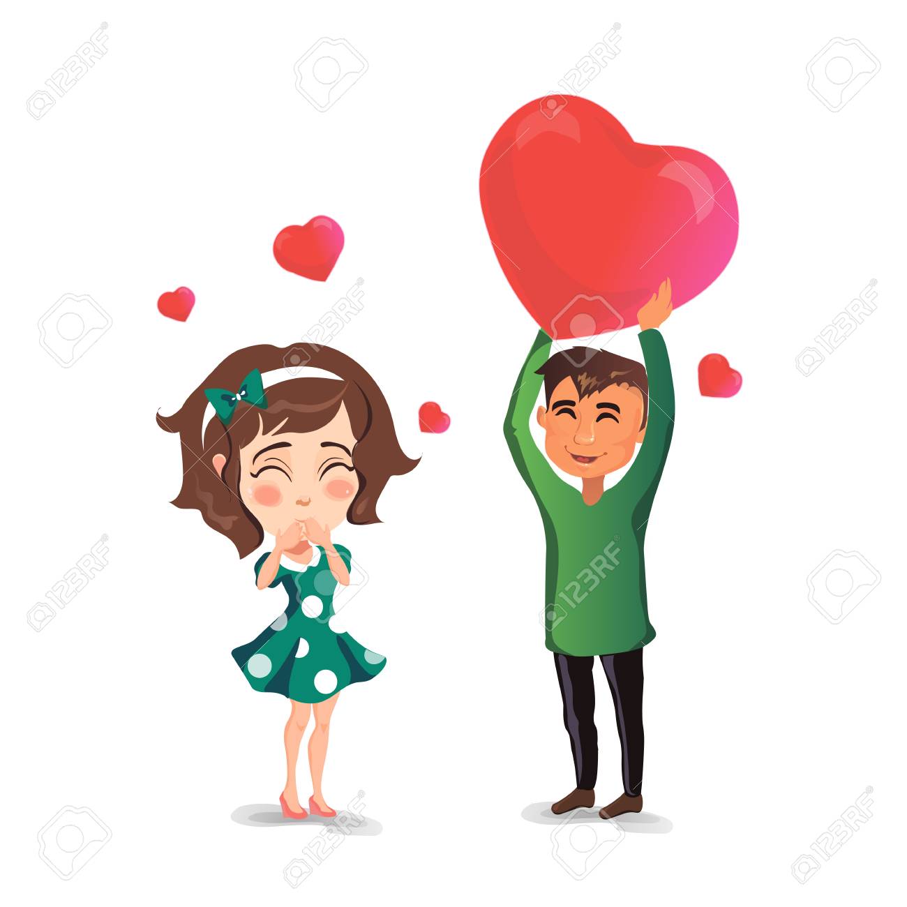 Two Lovers Stand Together Man Holding A Big Heart Over Head They Are Laughing Two Lovers Stand Together Man Holding A Big Heart Over Head They Are Laughing