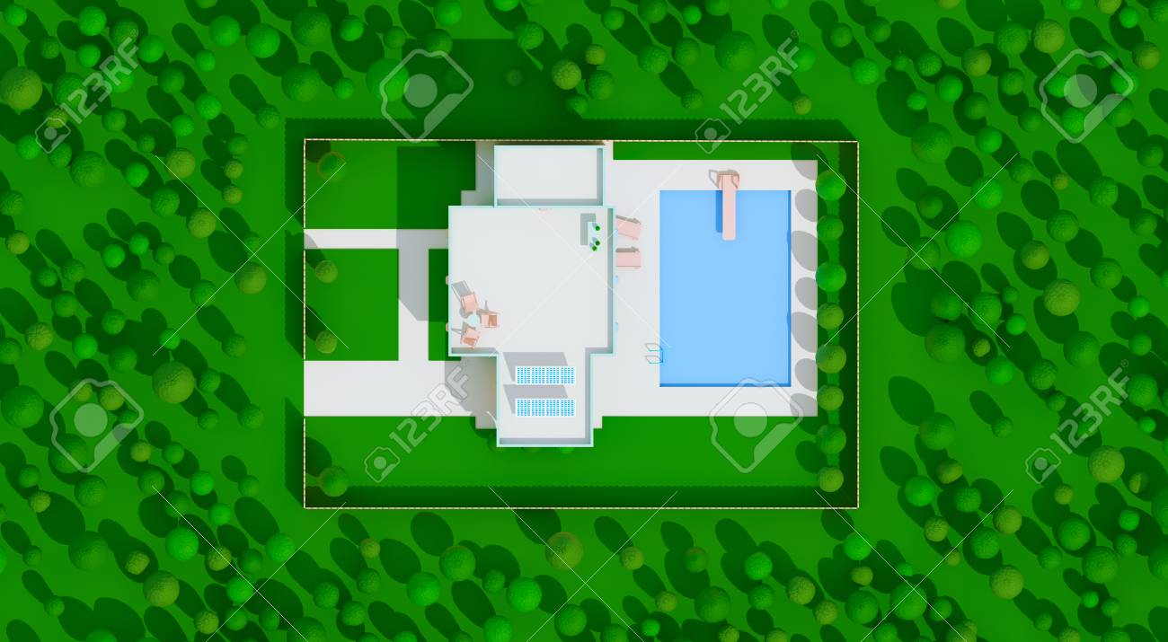 3d Image Of Modern Blue House With A Swimming Pool In Woodland
