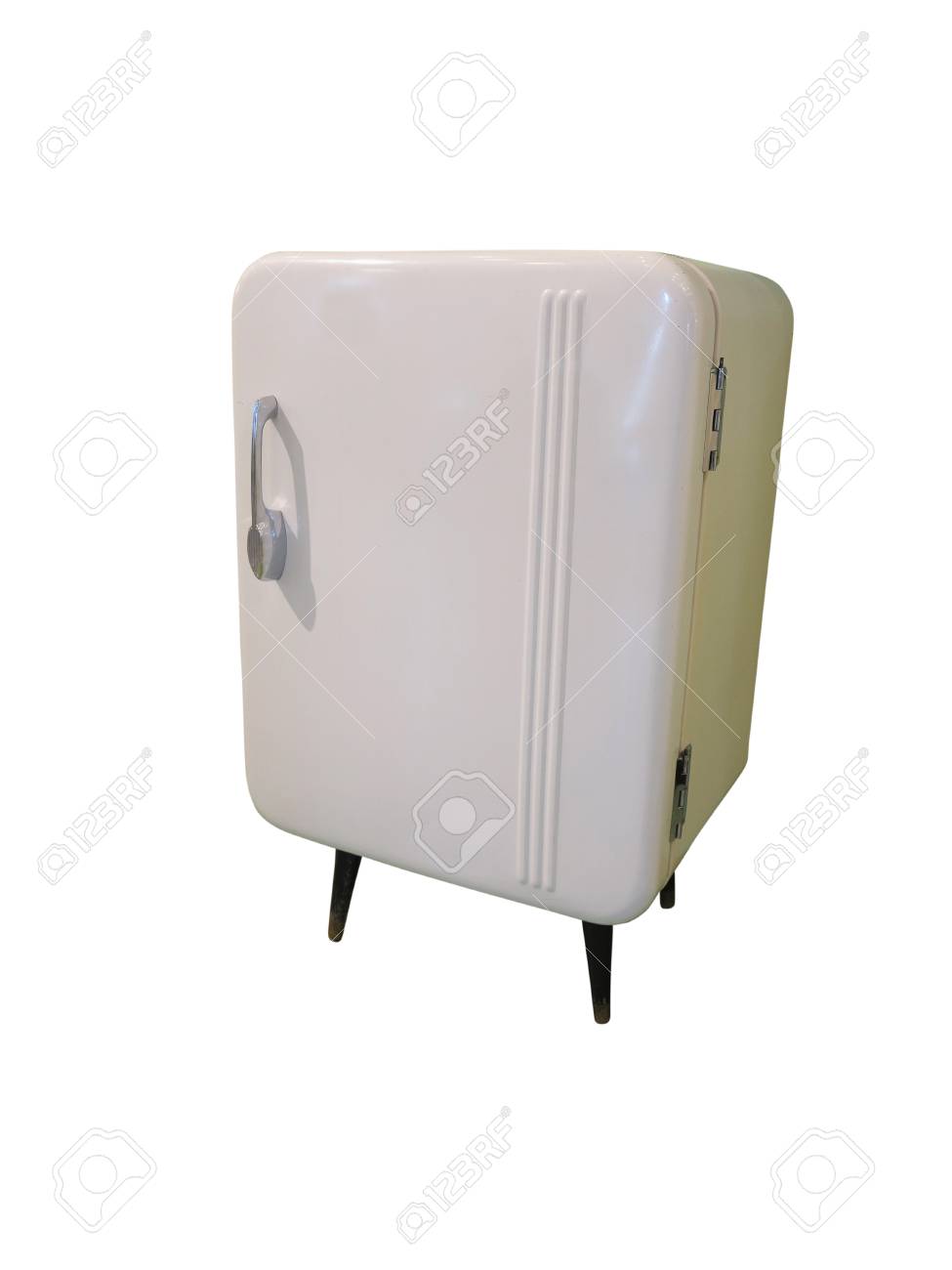 Old refrigerator vintage fridge with chrome handle isolated over..
