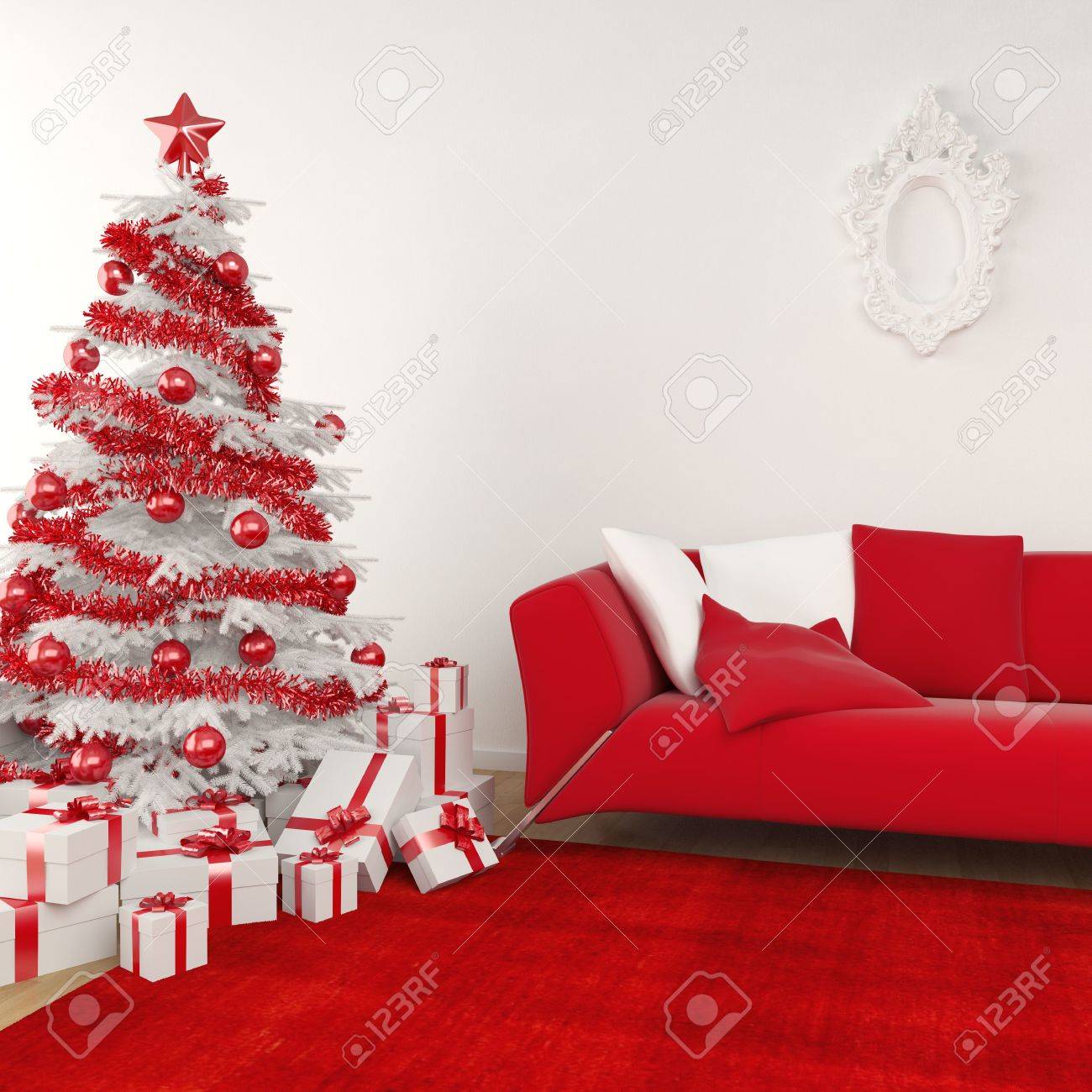 Modern interior christmas scene with white tree decorated and red coouch - 8163627 Modern interior christmas scene with white tree decorated and red coouch - 8163627