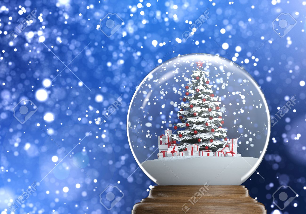 赤い Snowglobe クリスマス ツリー装飾し 青い冬の対流現象の背景に内部提示 の写真素材 画像素材 Image