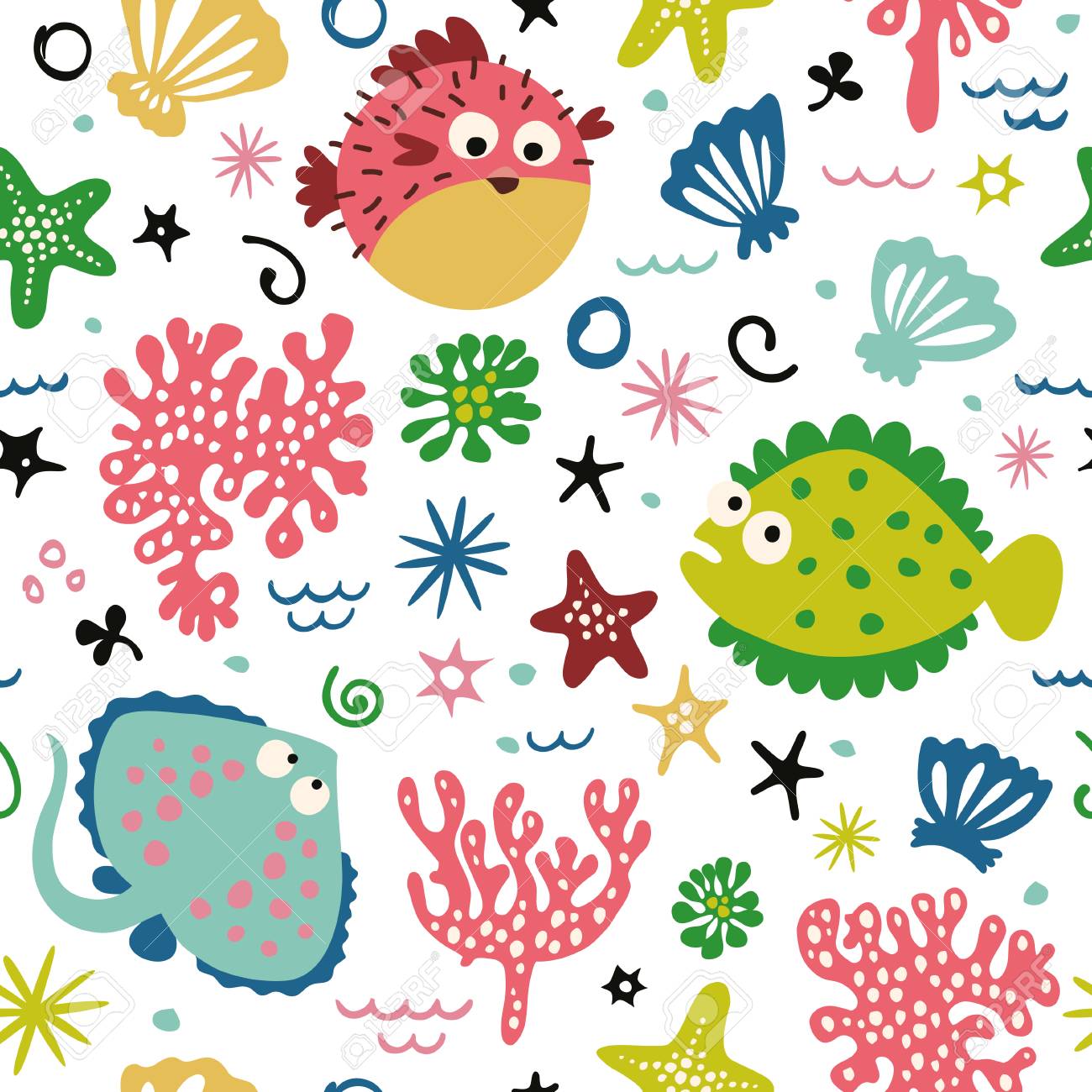 Cute Seamless Background With Hearts Fishes Corals And Seashells Sea Theme Royalty Free Cliparts Vectors And Stock Illustration Image