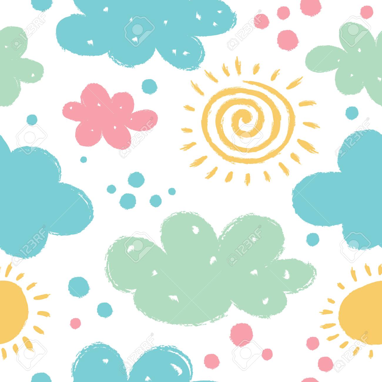 雲と太陽とかわいいパターン パステル カラーのシームレスな背景は のイラスト素材 ベクタ Image