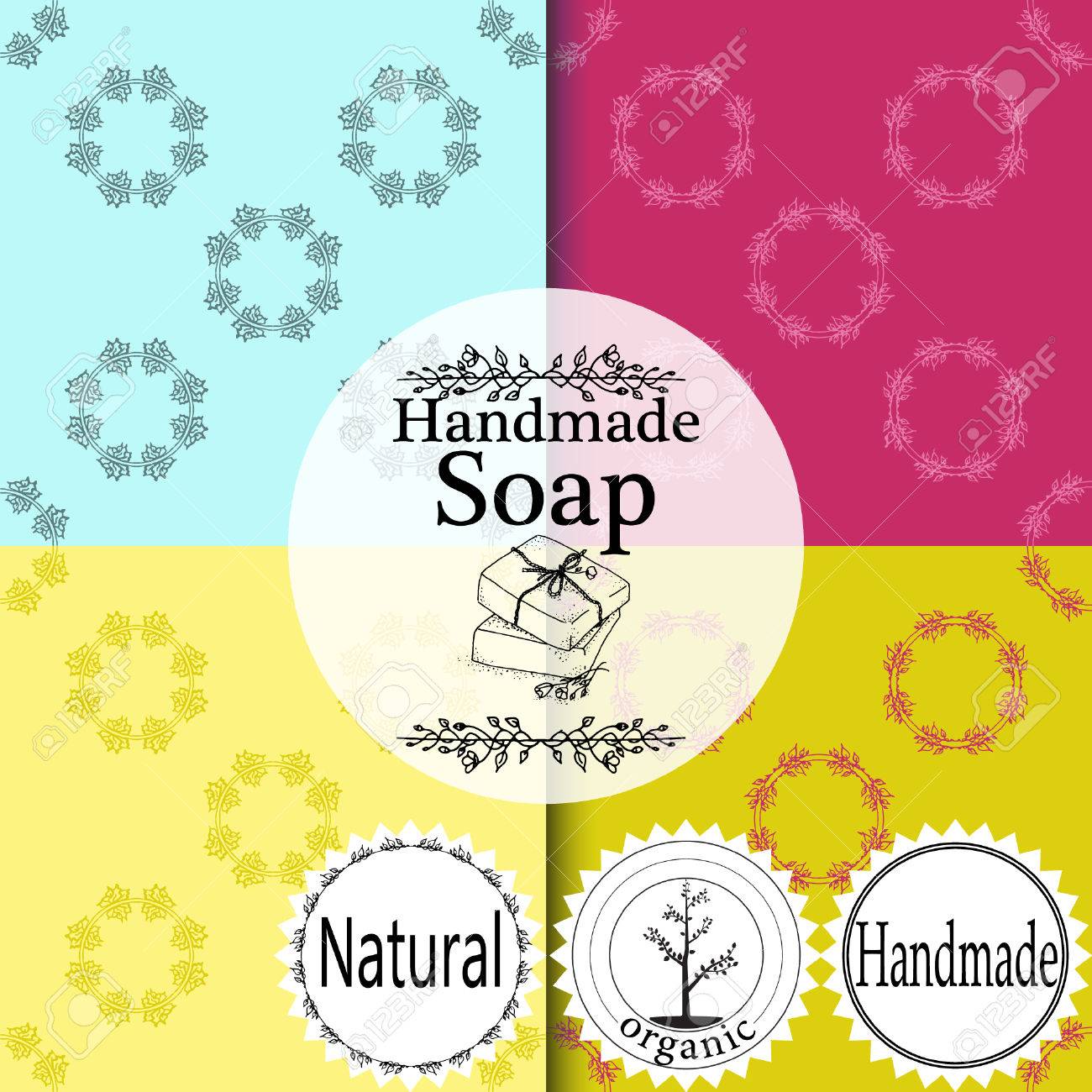 シームレス パターンの設定 ラベルと手のアイコン デザイン テンプレートは 包装や包装紙石鹸を作る のイラスト素材 ベクタ Image