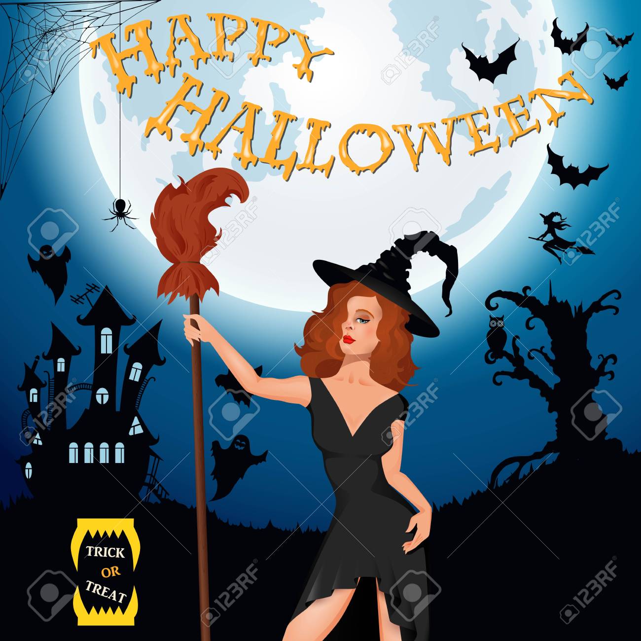 Witch Ghost Bat Moon And Other Items On Halloween Witch Ghost Bat Moon And Other Items On Halloween