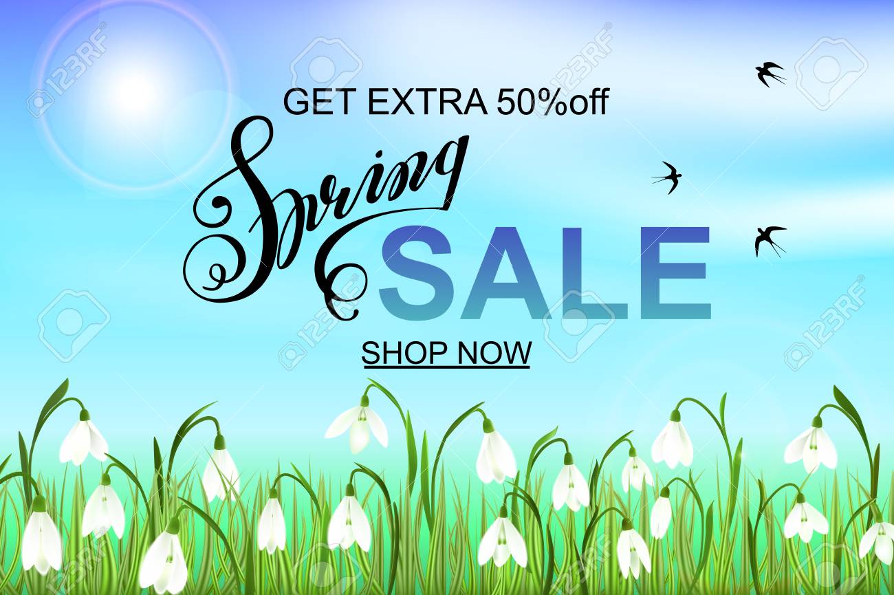 春販売バナー スノー ドロップ 緑花草 ツバメ レタリングと青空の背景です 季節割引 の写真素材 画像素材 Image