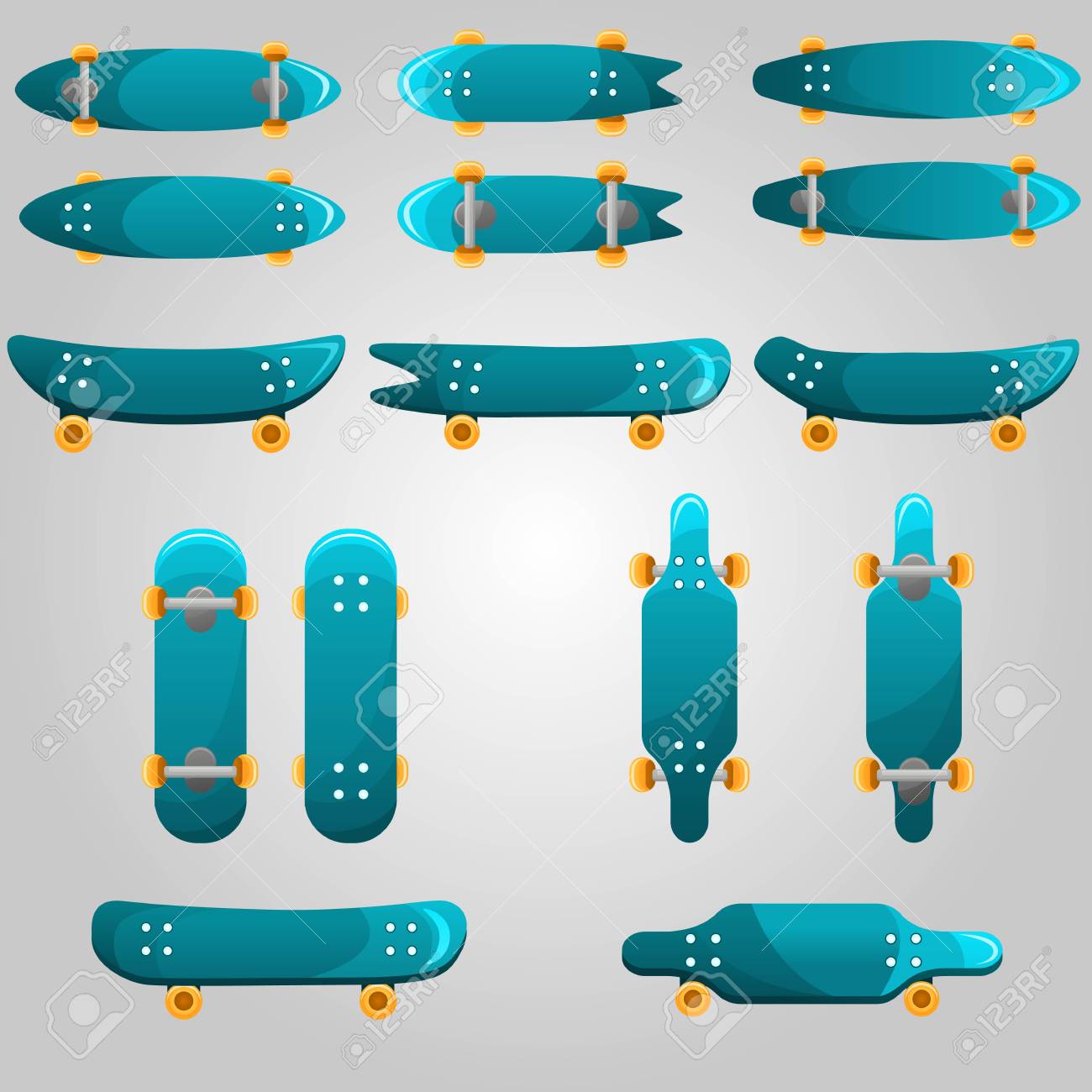 set of different green skateboards types summer youth lifestyle different skateboards