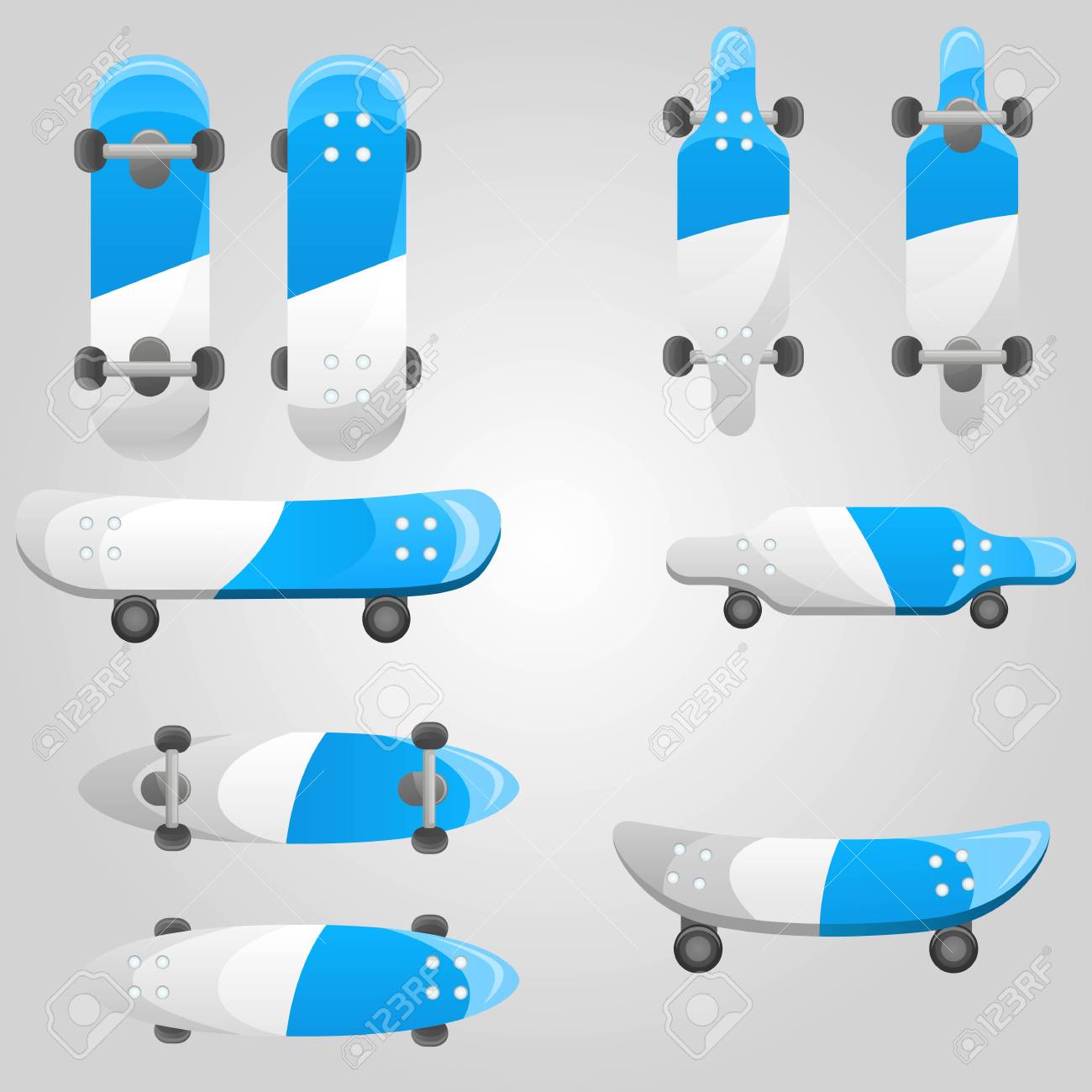 set of different blue and white skateboards types summer youth different skateboards