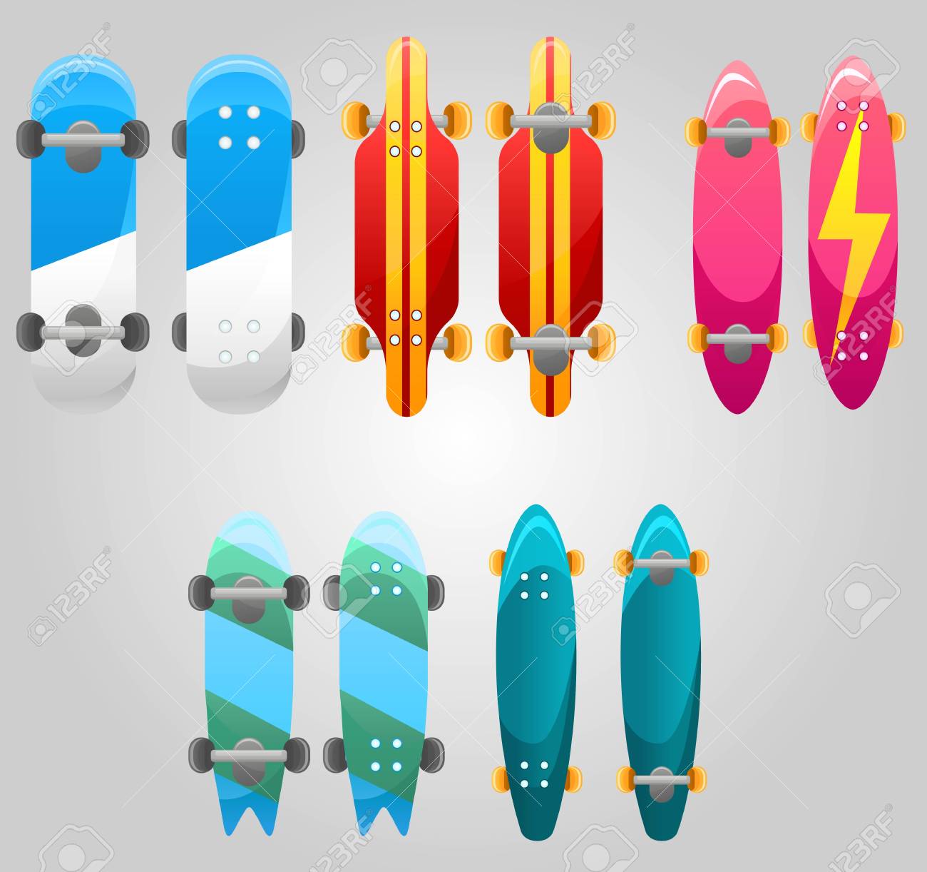 set of different skateboards types in different colors summer different skateboards