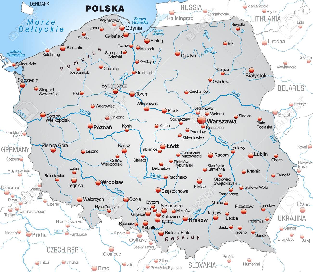 Karte Von Polen Als Ubersichtskarte In Grau Lizenzfrei Nutzbare Vektorgrafiken Clip Arts Illustrationen Image 24979296