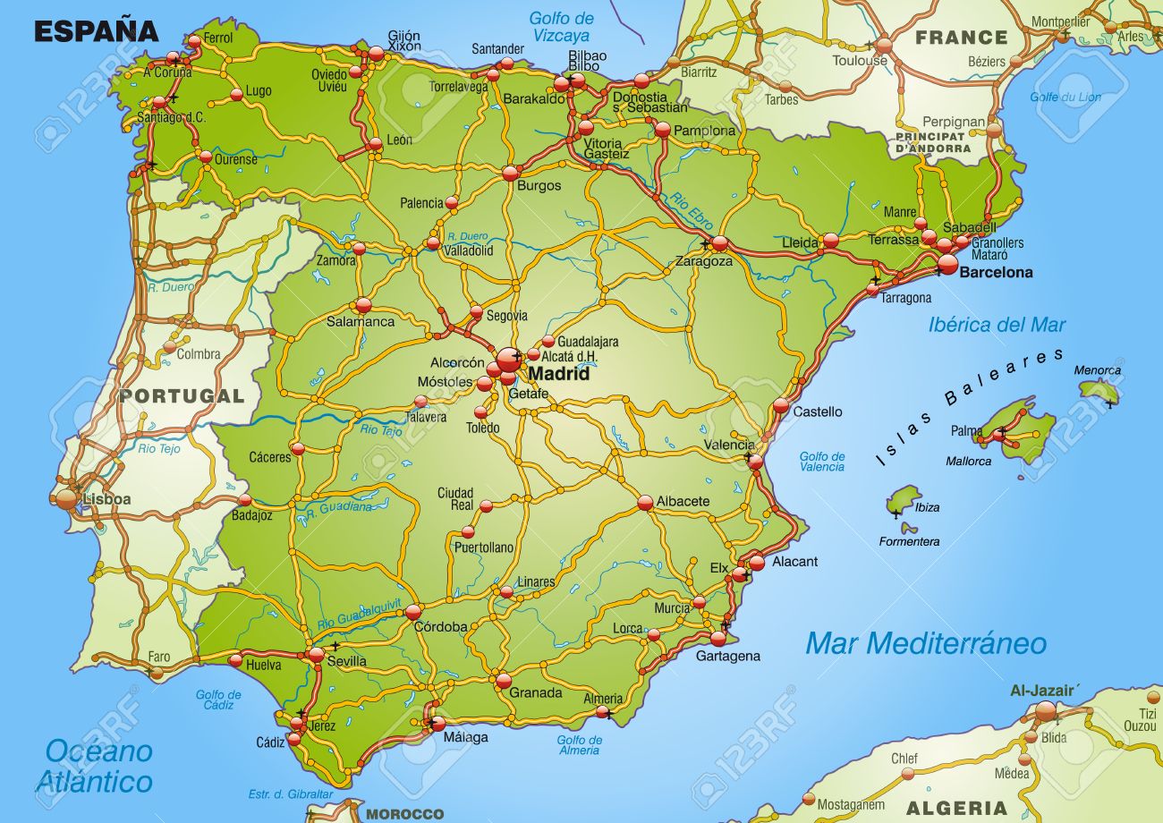 Los pantanos de Franco 25020281-Mapa-de-Espa-a-con-las-carreteras-Foto-de-archivo