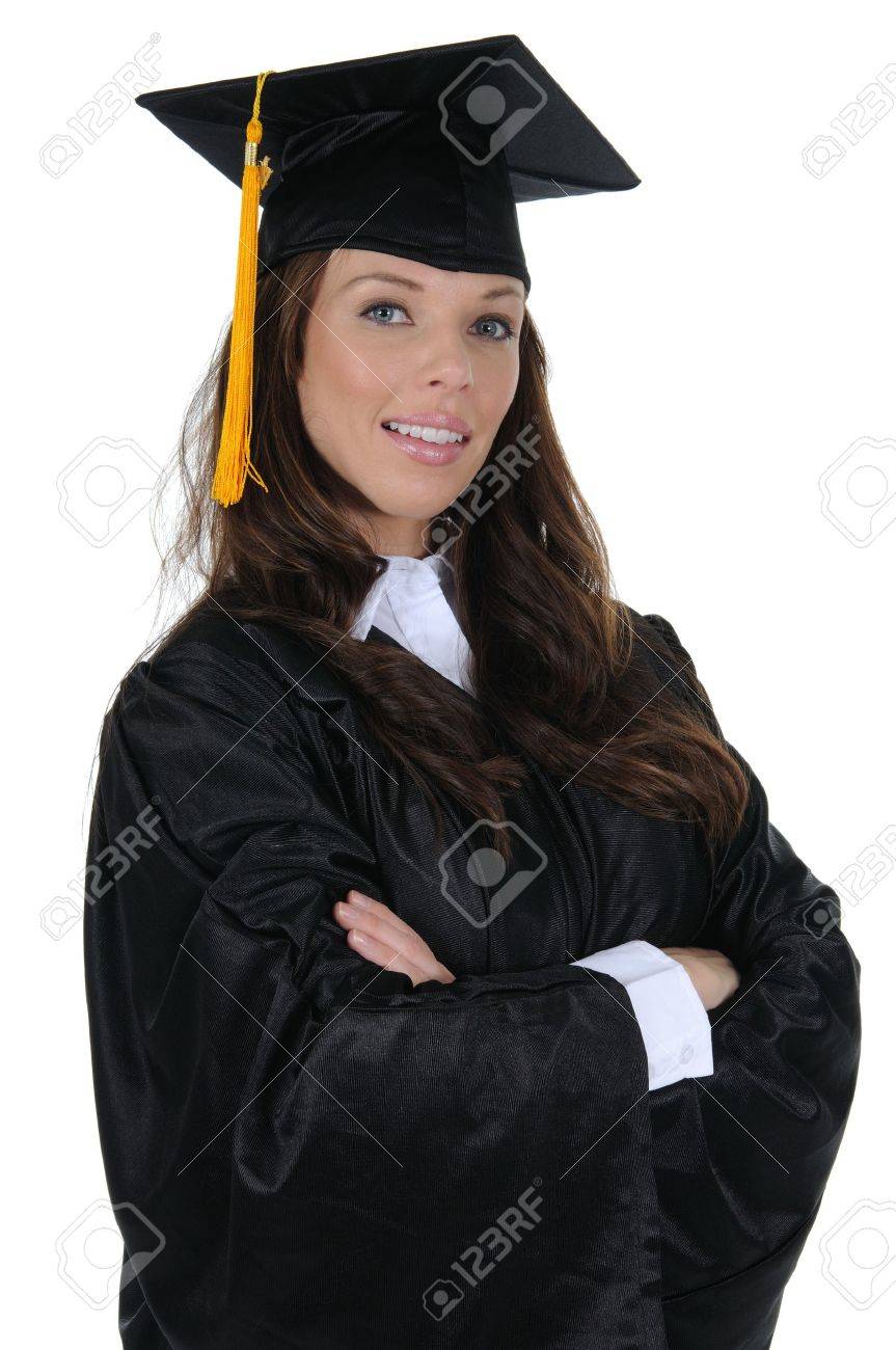 A confident woman graduate wearing a black cap and gown with gold tassel, isolated on a solid white background. - 9773363 A confident woman graduate wearing a black cap and gown with gold tassel, isolated on a solid white background. - 9773363
