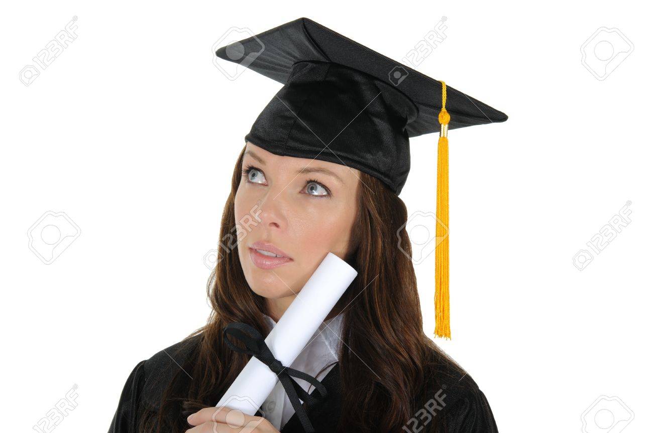 A woman graduate wearing a black cap and gown with gold tassel, thinking of her bright future. Isolated on a solid white background. - 9773361 A woman graduate wearing a black cap and gown with gold tassel, thinking of her bright future. Isolated on a solid white background. - 9773361