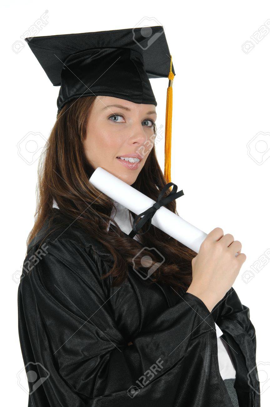 A attractive woman graduate wearing a black cap and gown with gold tassel, excited about her bright future. Isolated on a solid white background. - 10194972 A attractive woman graduate wearing a black cap and gown with gold tassel, excited about her bright future. Isolated on a solid white background. - 10194972