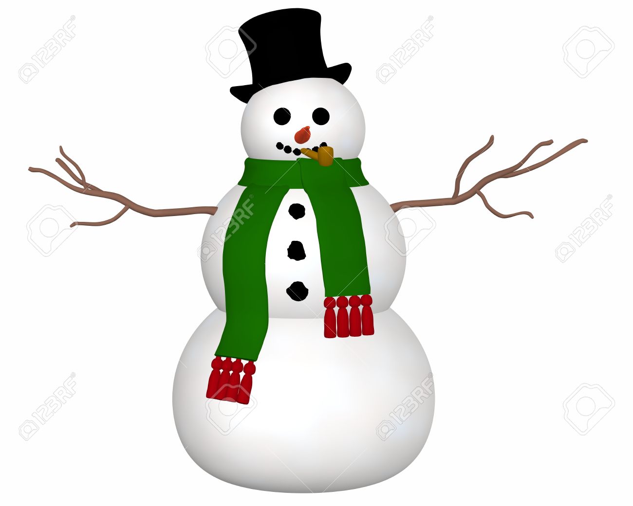 A front view illustration of a snowman wearing a black top hat and green scarf and a carrot nose. - 11277139 A front view illustration of a snowman wearing a black top hat and green scarf and a carrot nose. - 11277139