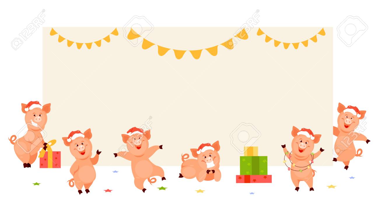 set christmas pigs near blank poster template for new year