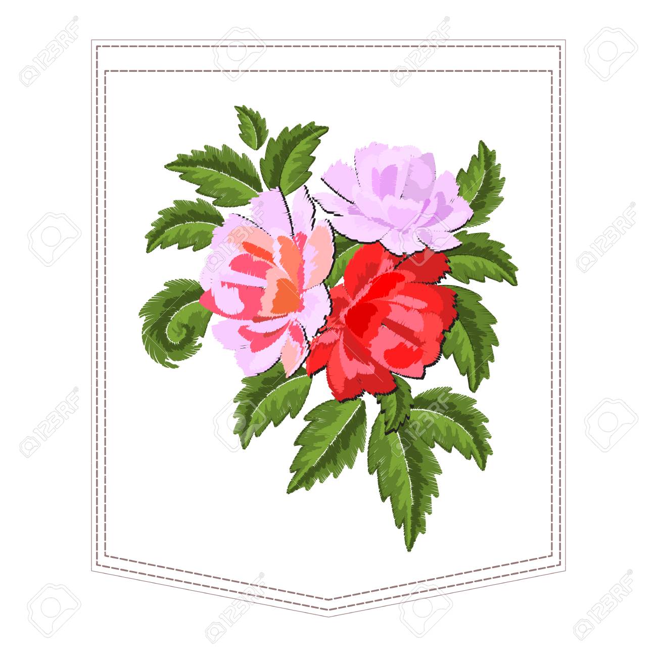 服のポケットのための牡丹または赤いバラの刺繍 白い背景に布のための花の刺繍模様 赤い花束ベクターイラストのイラスト素材 ベクタ Image