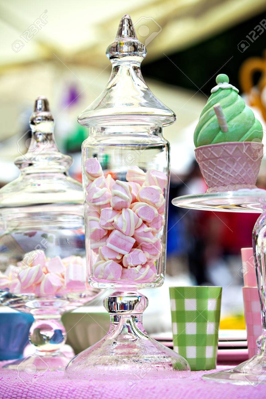 Candy Pink Marshmallow Sweets Luxurious Glass Vases Stock Photo
