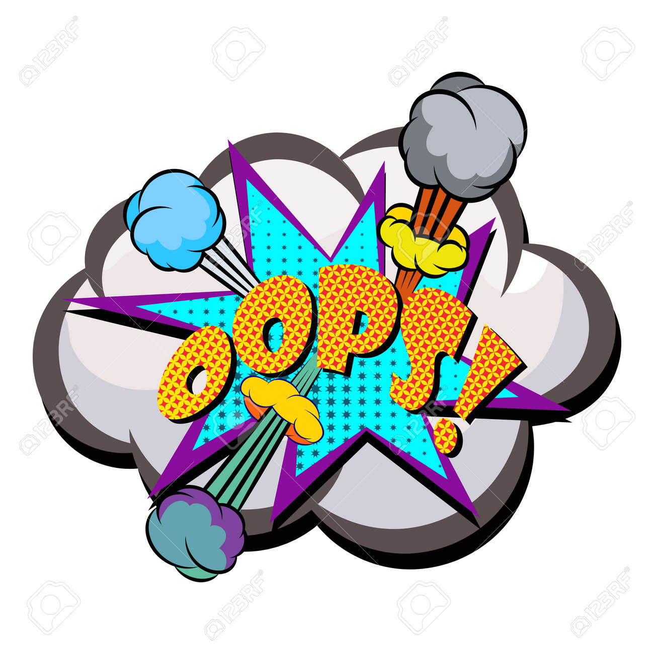 OOPS Comic Explosion Bubble In Popart Vintage Style. Cartoon Style Vector.  Vector Comic Funny Explosion With Halftone Decor. Wow Effect. Клипарты,  SVG, векторы, и Набор Иллюстраций Без Оплаты Отчислений. Image 182294193