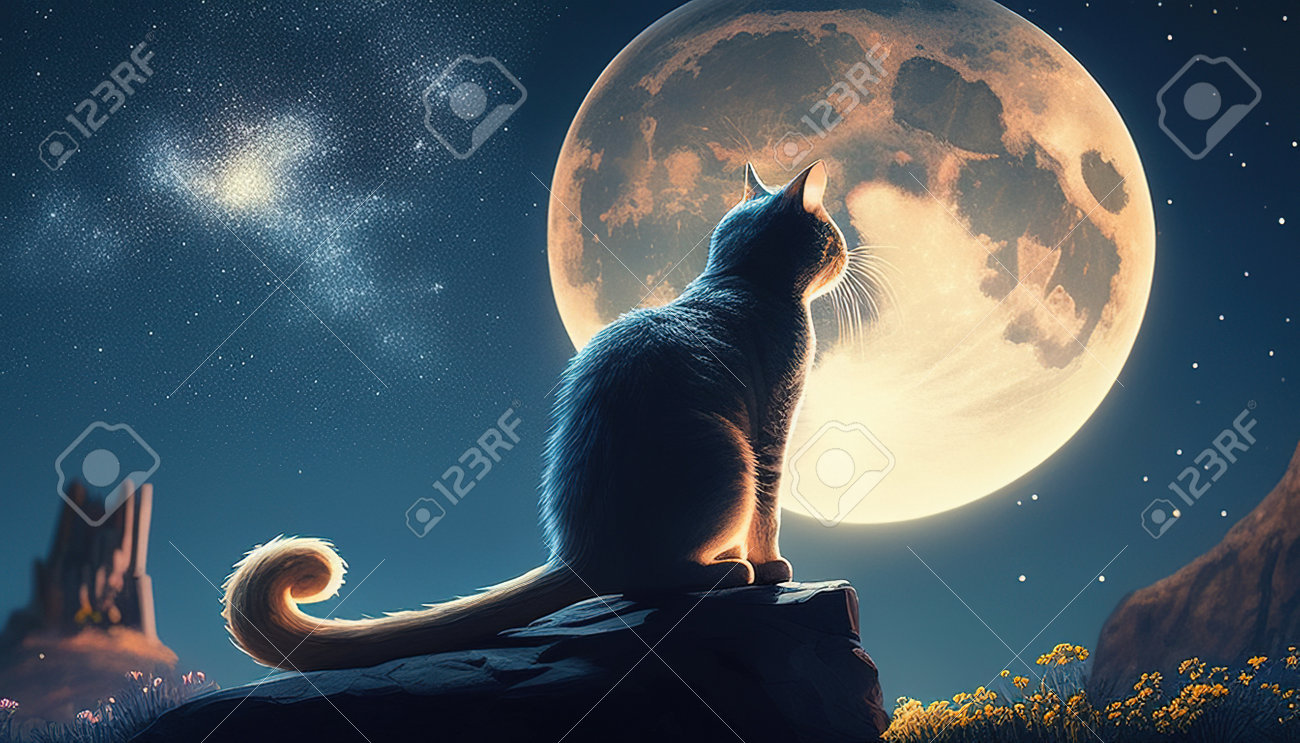 A Majestic Cat Stands On A Fantasy Dreamland, Surrounded By