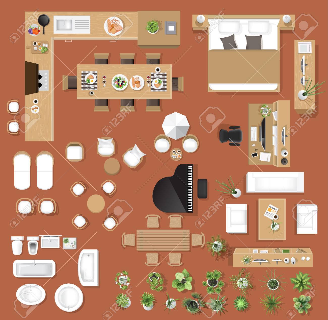 Interior icons top view, tree ,furniture, bed,sofa, armchair, for architectural or landscape design, for map.vector illustration - 83183402 Interior icons top view, tree ,furniture, bed,sofa, armchair, for architectural or landscape design, for map.vector illustration - 83183402
