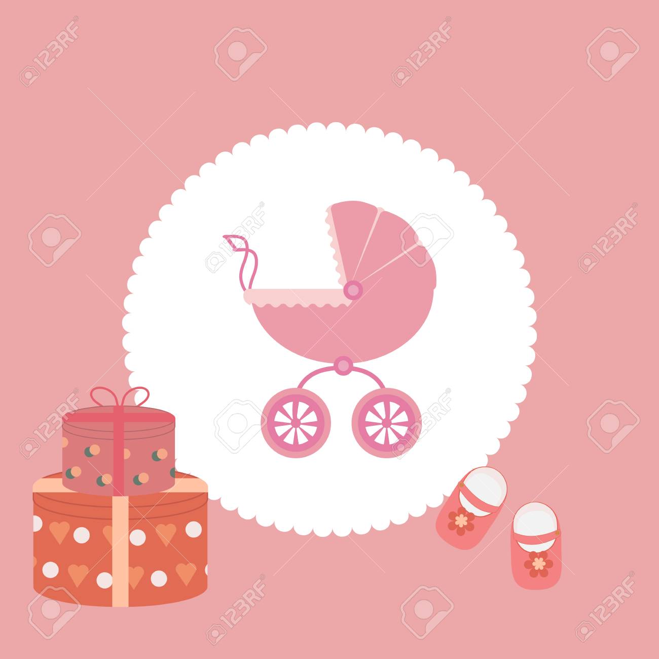 baby carriage gifts and childrens sandals on a pink background baby album background