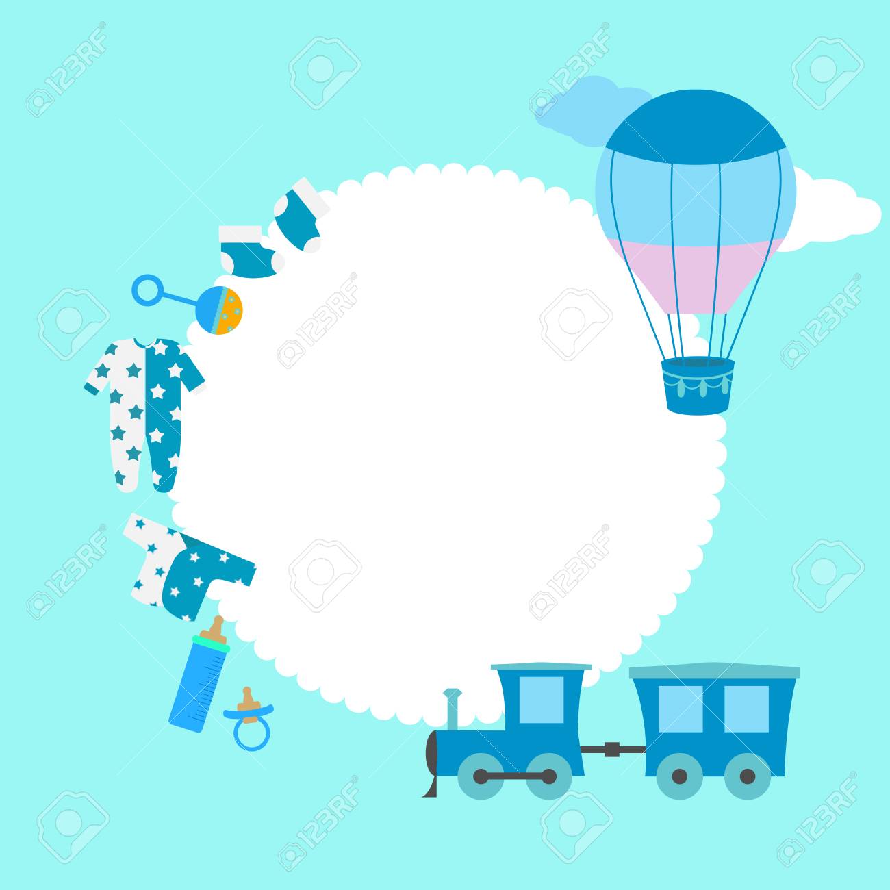 Vettoriale Biglietto Di Auguri Per Il Ragazzo Con Giocattoli E Oggetti Per Il Neonato E Un Posto Per Il Tuo Testo Illustrazione Vettoriale Image