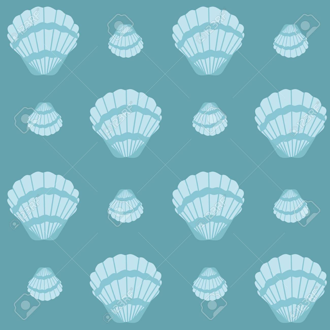 Seamless Pattern With Sea Shells On A Blue Background For