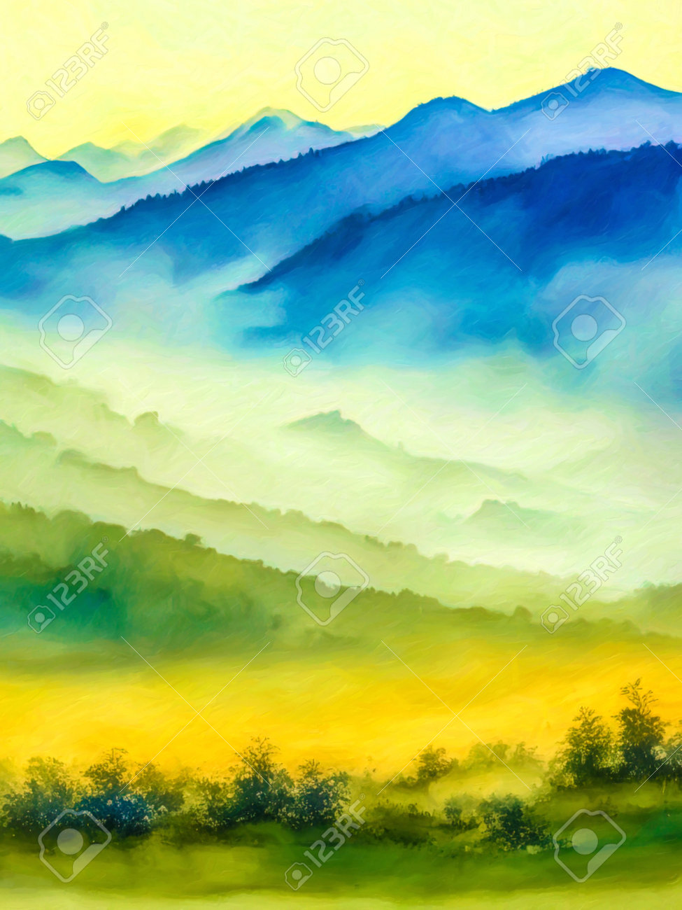 947＊田舎の風景 水彩画原画 山と空