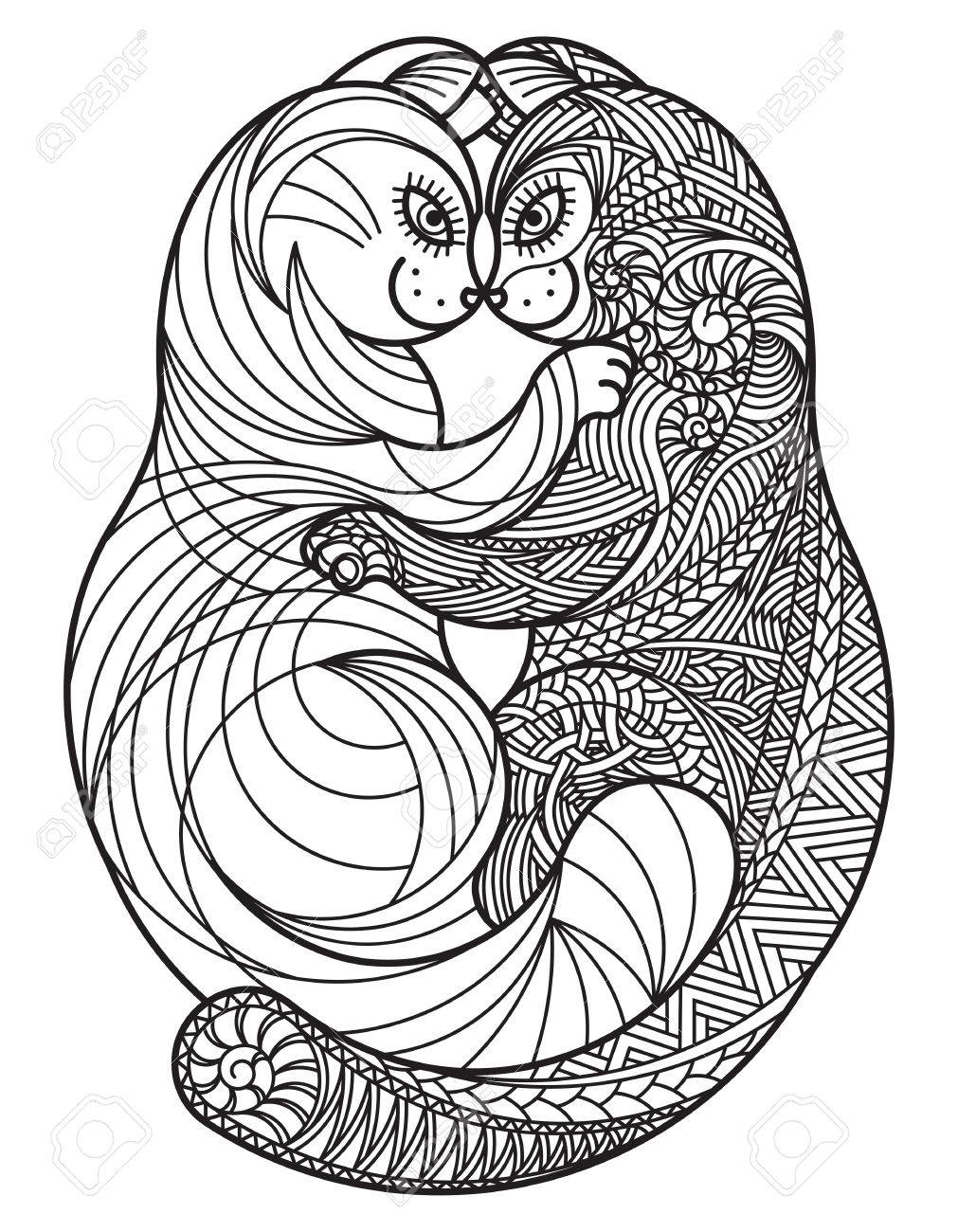 Zentangle ハグ猫。編集可能なベクトルの白黒イラストです。 の